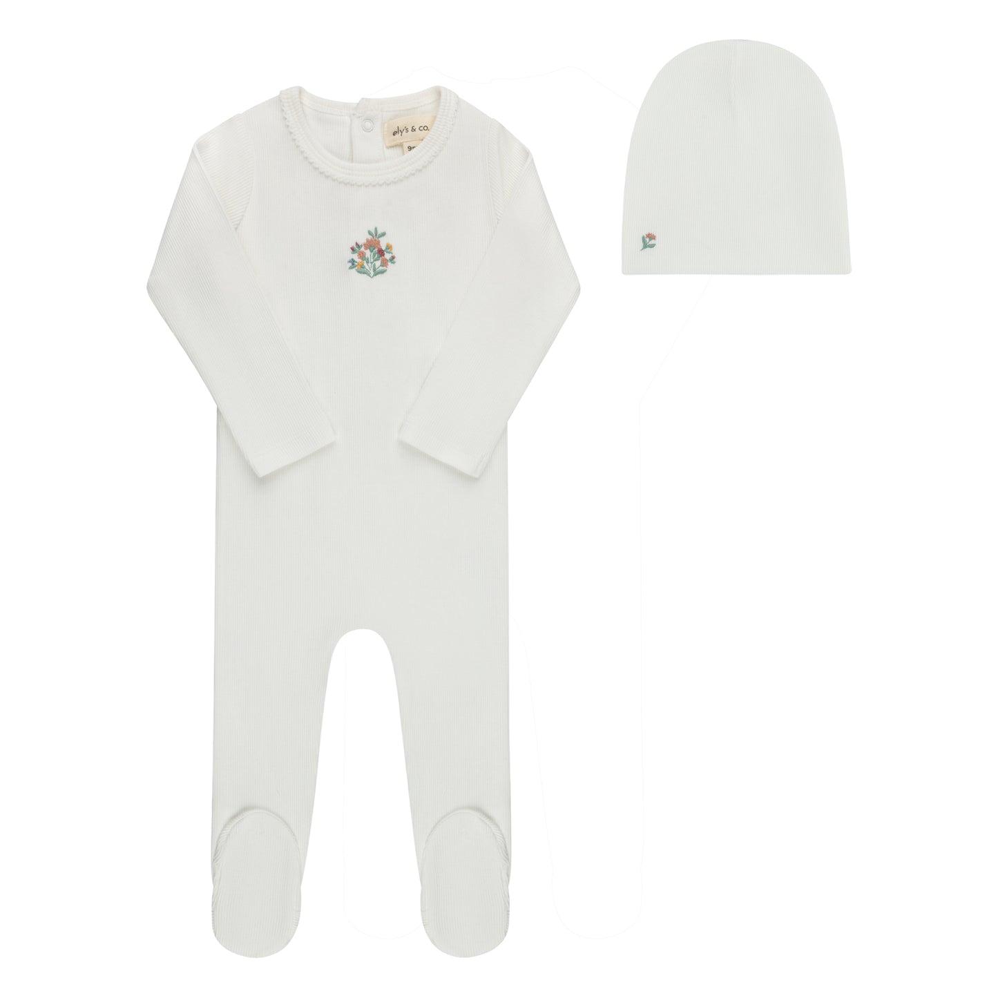 Elys Ribbed Floral Embroidered Collection Footie + Beanie
