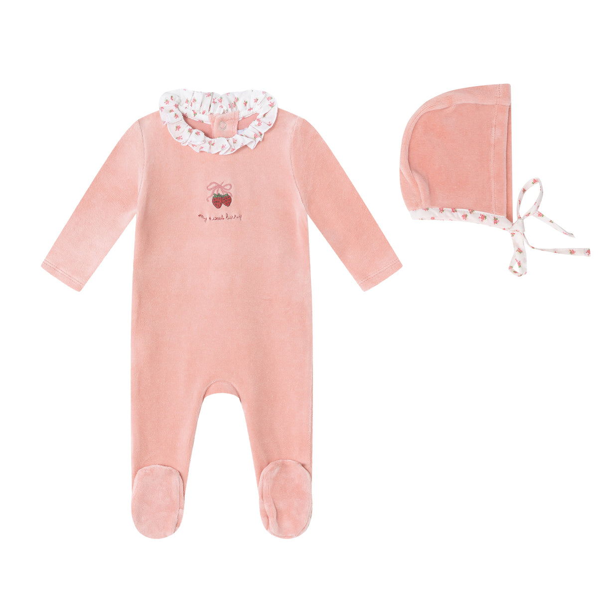 Mini Label Floral Collared Velour Footie and Bonnet