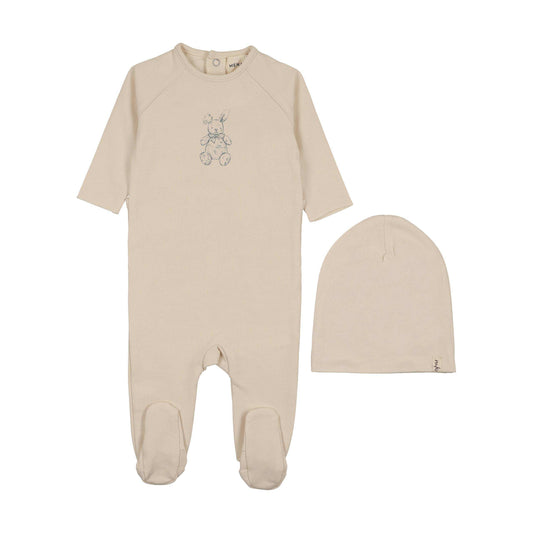 Mema Knits VINTAGE BUNNY PRINT FOOTIE + BEANIE