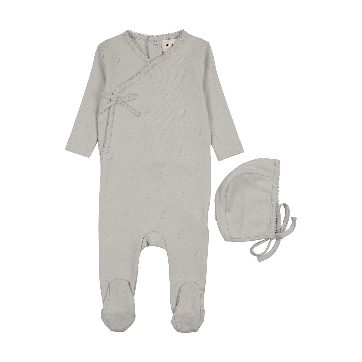 Mema Knits POINTELLE MOCK WRAP FOOTIE + BONNET