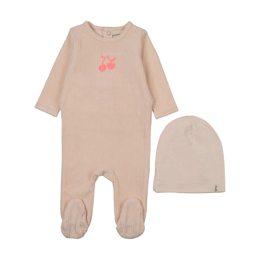 Mema Knits EMBROIDERED CHERRY FOOTIE + BEANIE