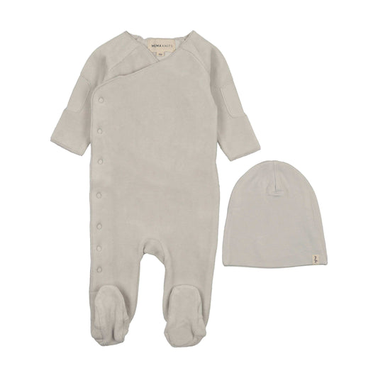 Mema Knits VELOUR SIDE SNAP FOOTIE + BEANIE