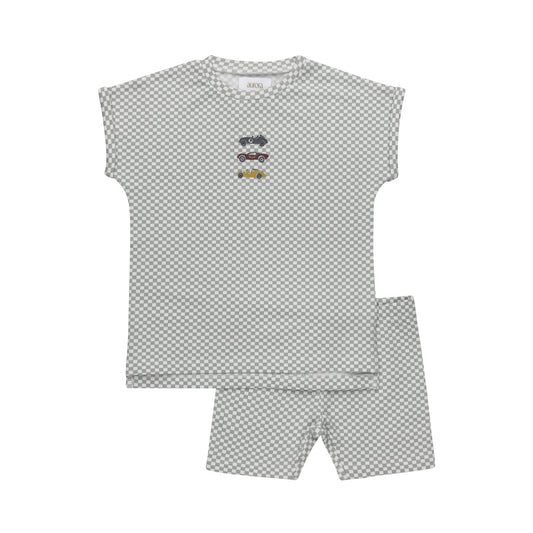 Elys Jersey Cotton Checked Race Car Collection Tshirt + Shorts