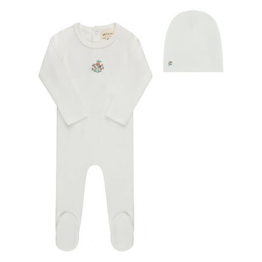 Elys Ribbed Floral Embroidered Collection Footie + Beanie