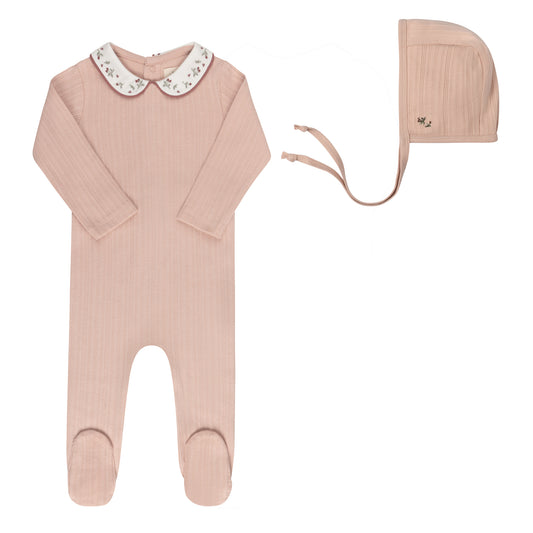 Elys Floral Embroidered Collar Collection Footie + Bonnet