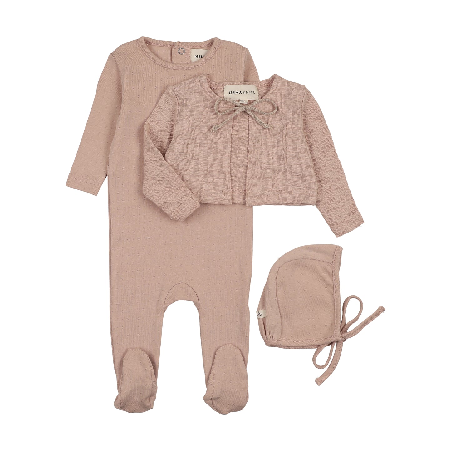 Mema Knits POINTELLE FOOTIE + SLUB CARDIGAN + BONNET