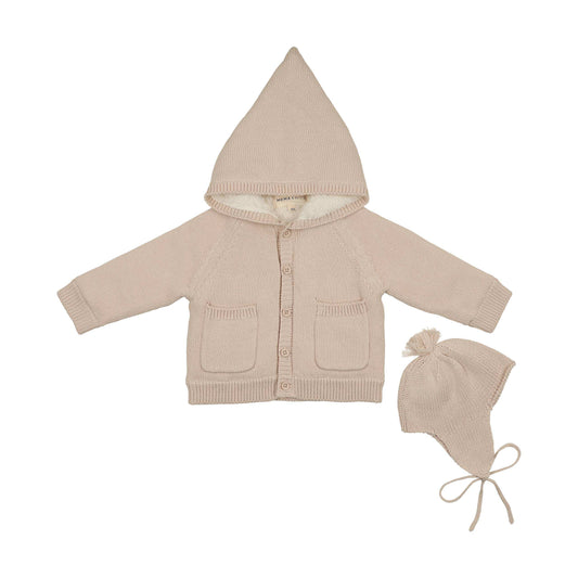 Mema Knits HOODED KNIT SHERPA LINED SWEATER +BONNET