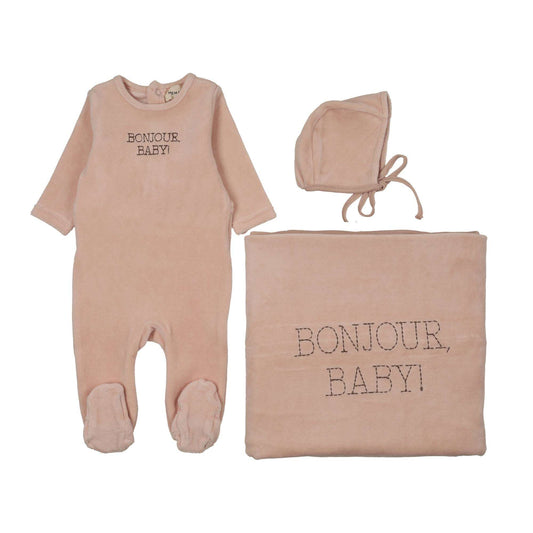 Mema Knits BONJOUR BABY STITCHED VELOUR THREE PIECE SET