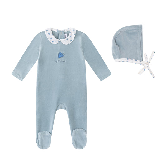 Mini Label Floral Collared Velour Footie and Bonnet