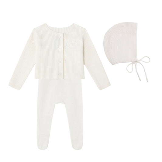 Mini Label Embossed Emblem knit Footie Bonnet Cardigan