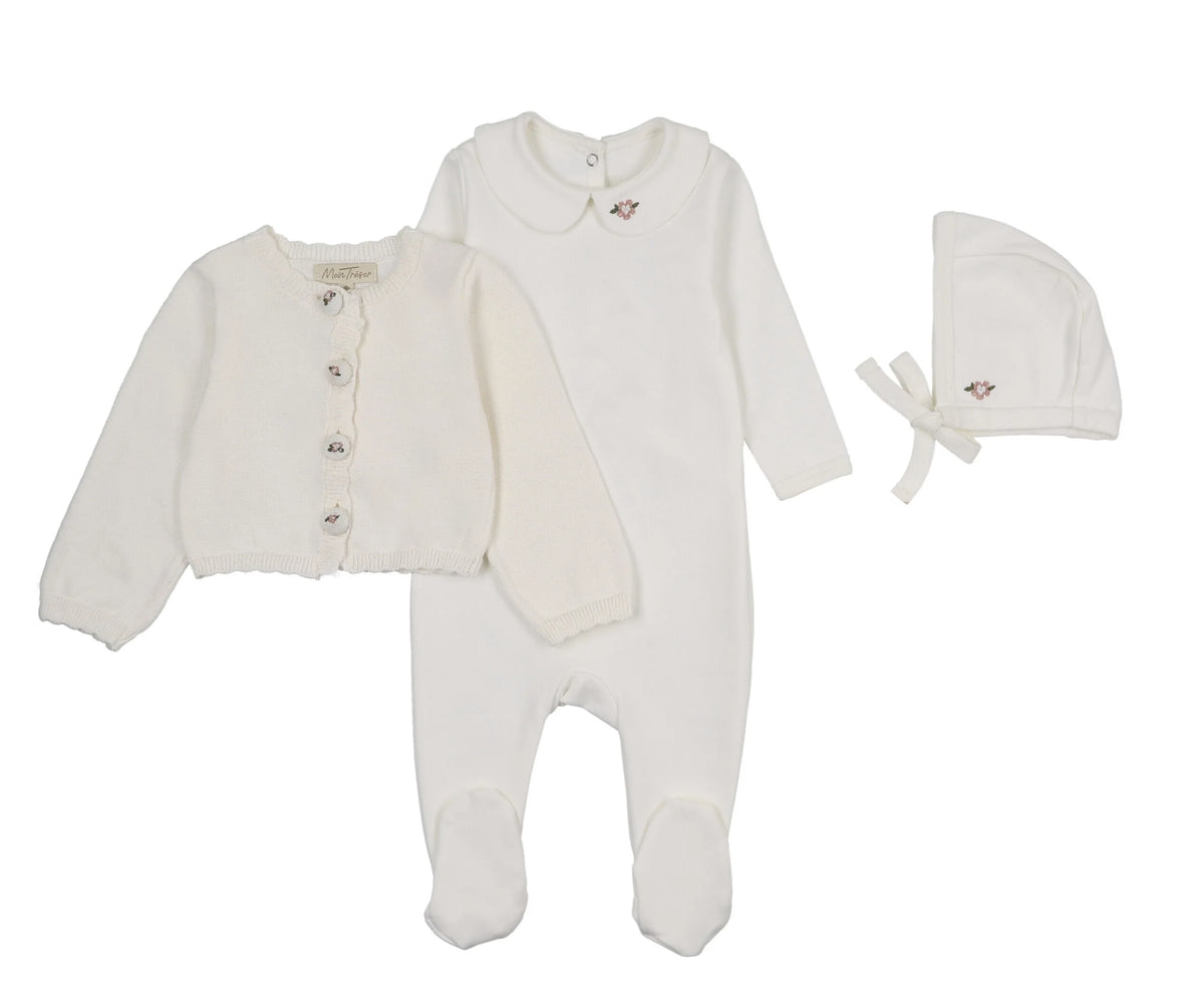 Layered Keepsake Footie, Cardigan & Hat Set