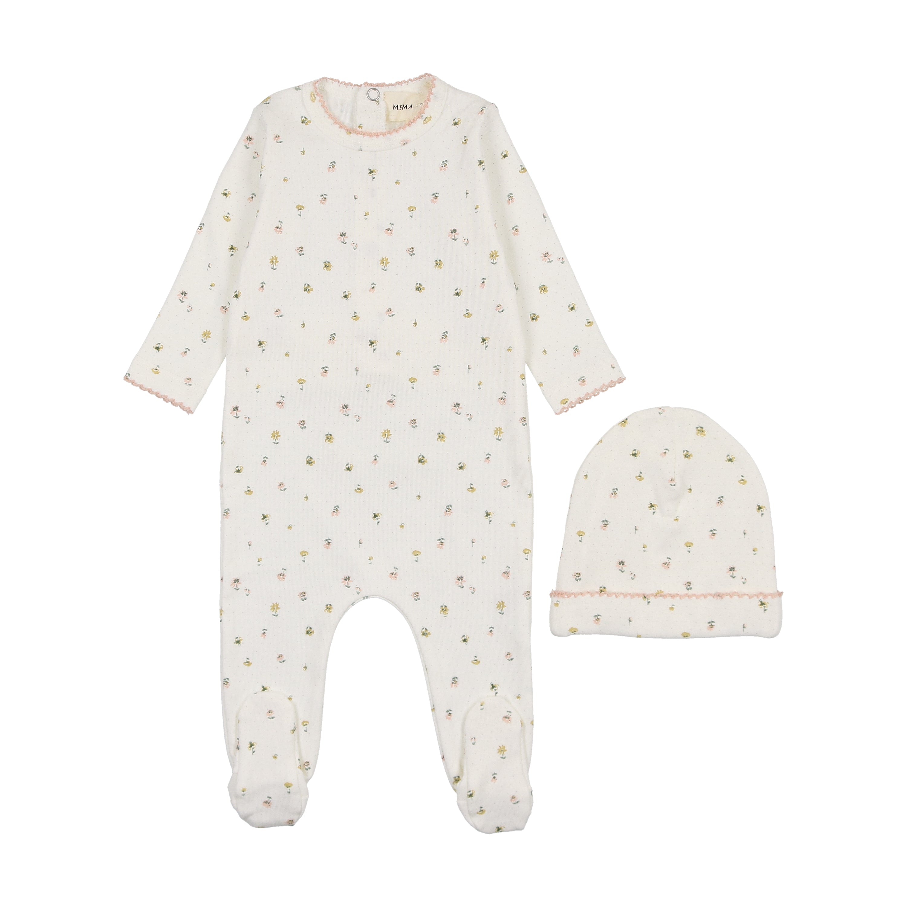 Mema Knits - Polka Dot Floral Print Footie + Beanie