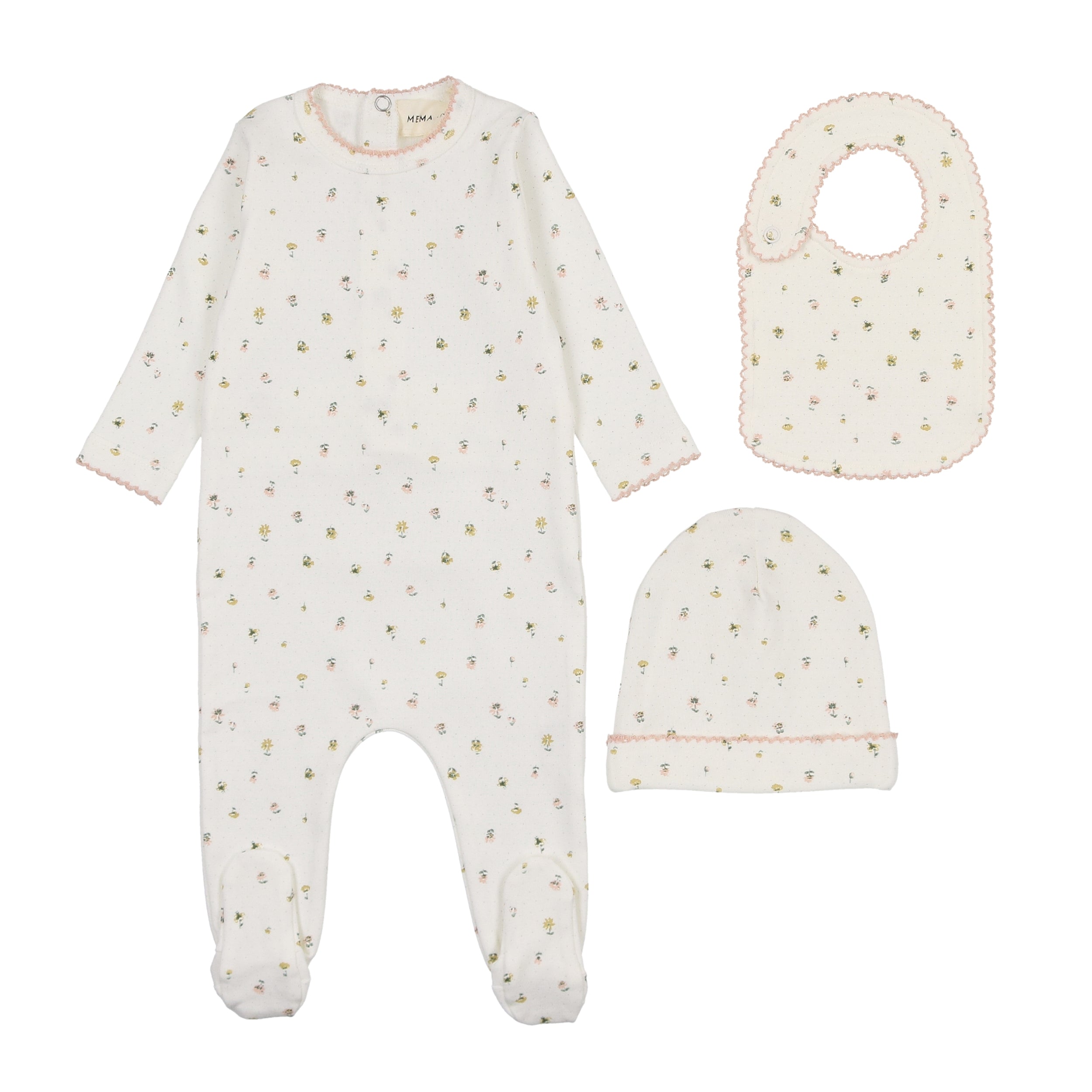 Mema Knits - Polka Dot Floral Print Footie + Beanie & Bib