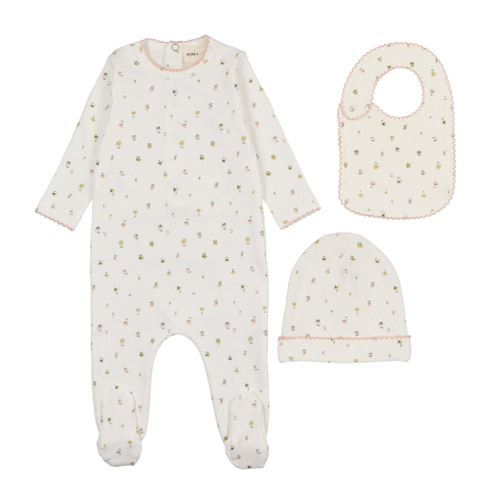 Mema Knits - Polka Dot Floral Print Footie + Beanie & Bib