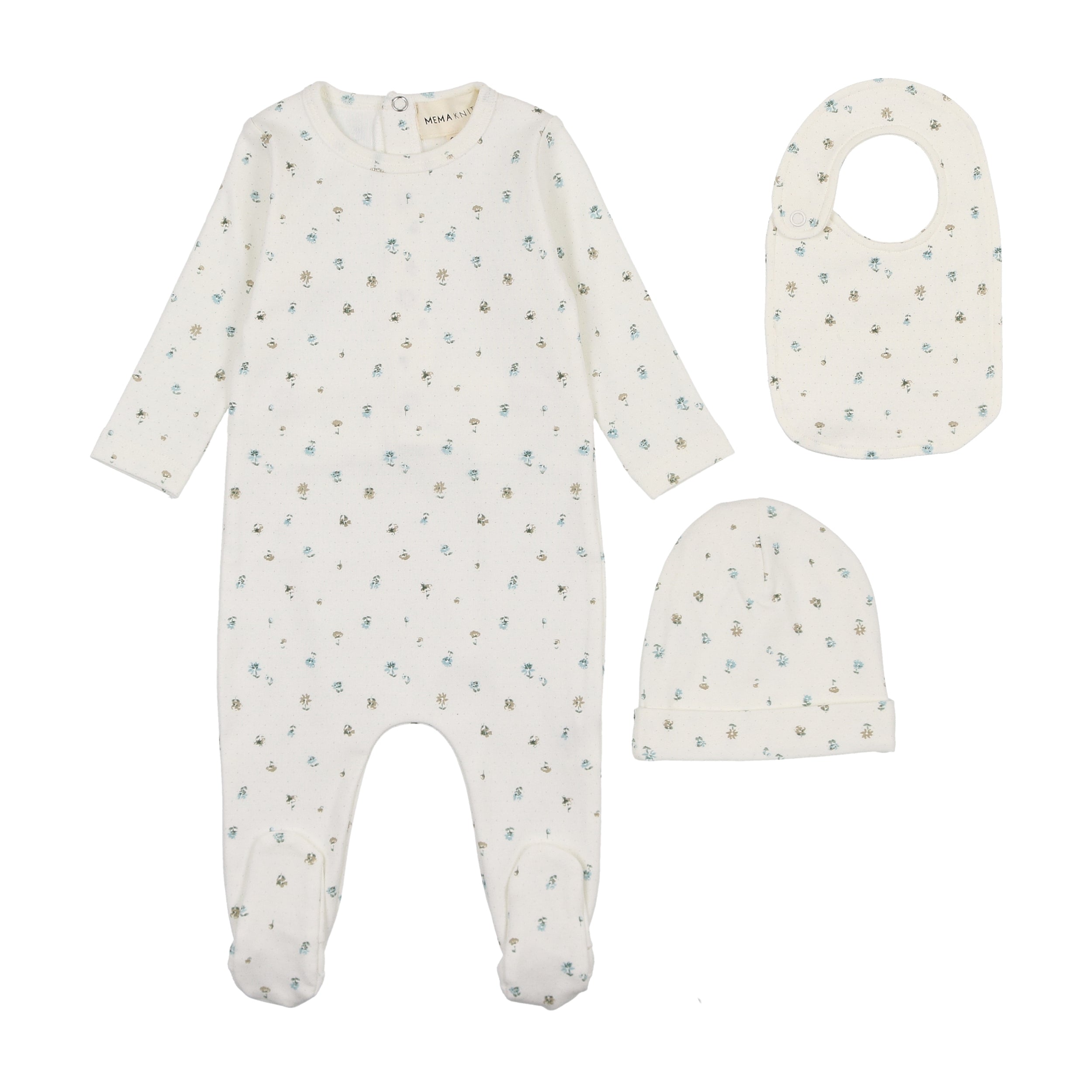 Mema Knits - Polka Dot Floral Print Footie + Beanie & Bib