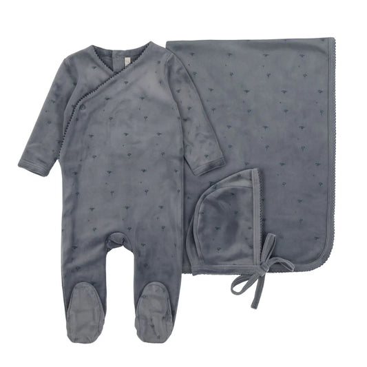 Velour Floral Layette Set Denim Blue