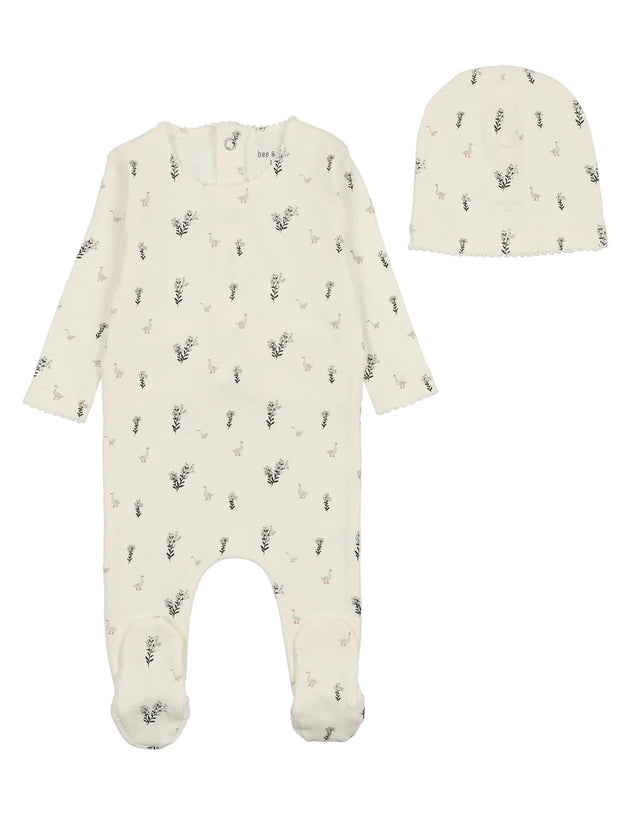 Bee & Dee - Swan Print Footie + Beanie