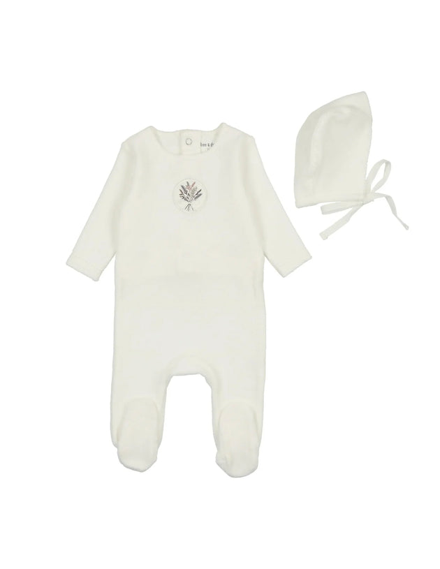 Bee & Dee - Embroidered Center Embossed Footie + Bonnet