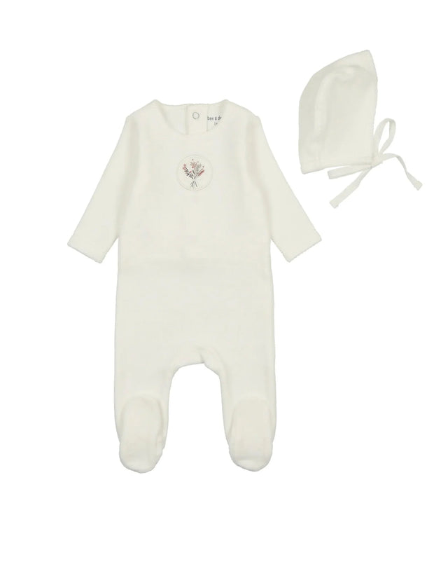 Bee & Dee - Embroidered Center Embossed Footie + Bonnet