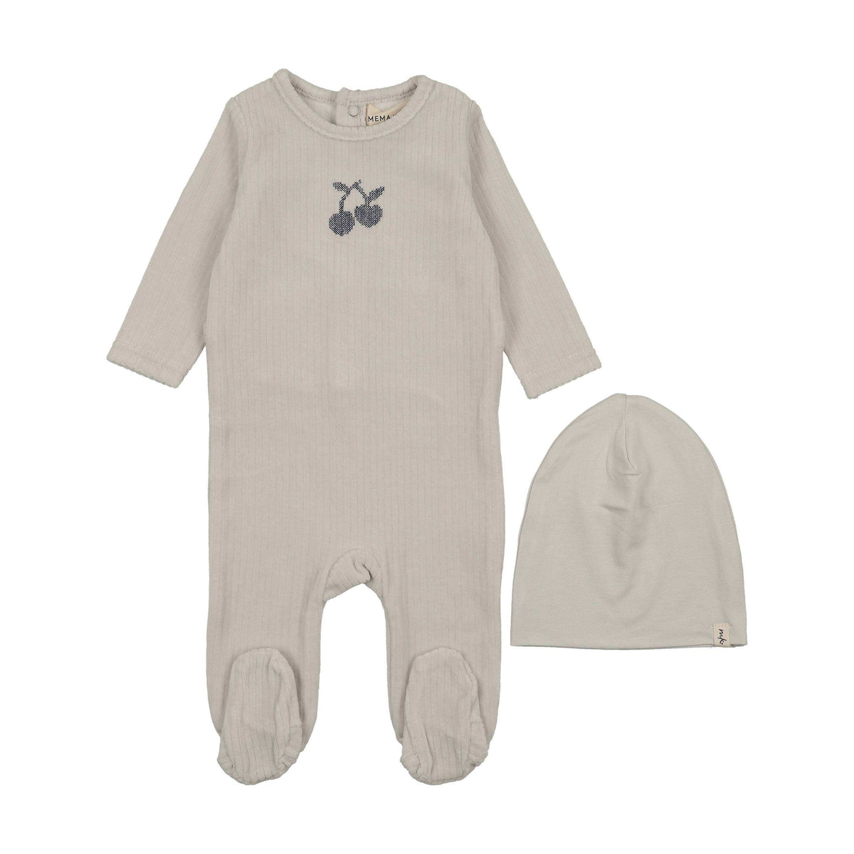 Mema Knits EMBROIDERED CHERRY FOOTIE + BEANIE