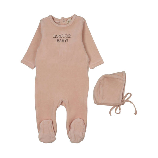 Mema Knits BONJOUR BABY STITCHED VELOUR FOOTIE + BONNET