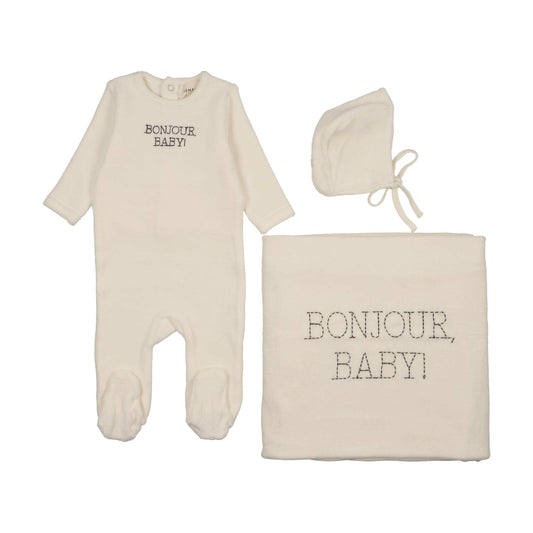 Mema Knits BONJOUR BABY STITCHED VELOUR THREE PIECE SET