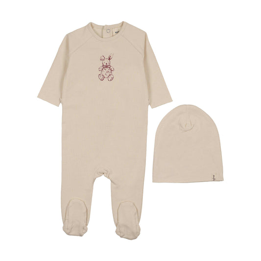 Mema Knits VINTAGE BUNNY PRINT FOOTIE + BEANIE