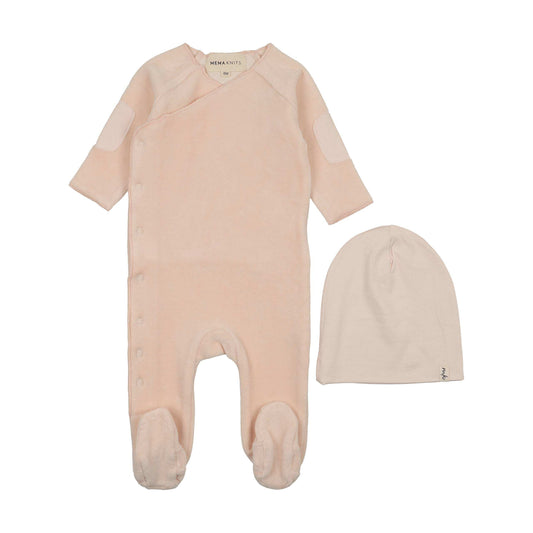 Mema Knits VELOUR SIDE SNAP FOOTIE + BEANIE