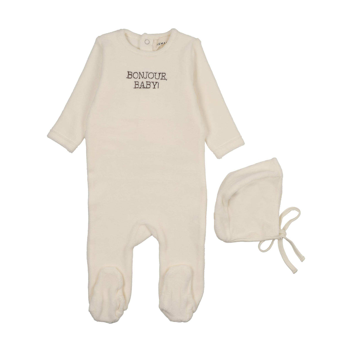 Mema Knits BONJOUR BABY STITCHED VELOUR FOOTIE + BONNET