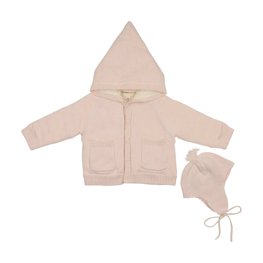 Mema Knits HOODED KNIT SHERPA LINED SWEATER +BONNET