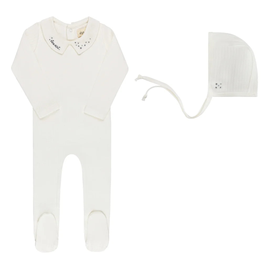 Elys Floral Star Embroidered Collar Footie + Bonnet