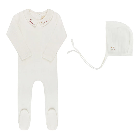 Elys Floral Star Embroidered Collar Footie + Bonnet