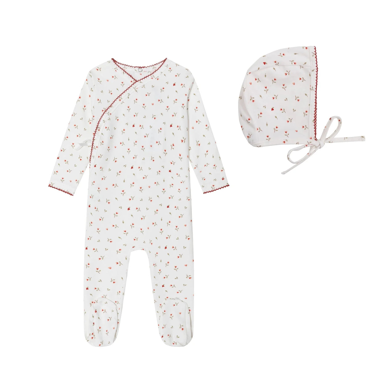 Mini Label Cream Heart Printed Kimono Footie and Bonnet