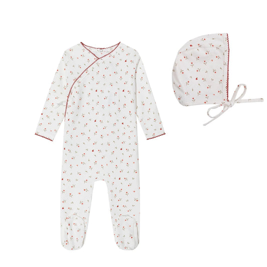 Mini Label Cream Heart Printed Kimono Footie and Bonnet